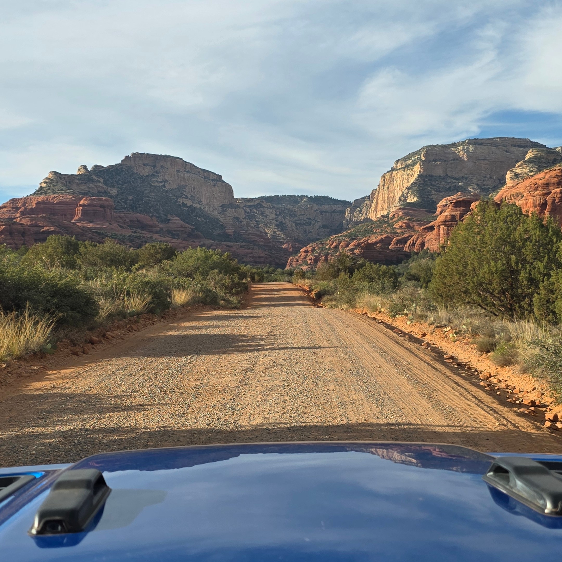 Off-road path surrounded by shrubs and rocky hills in daylight with blue skies.