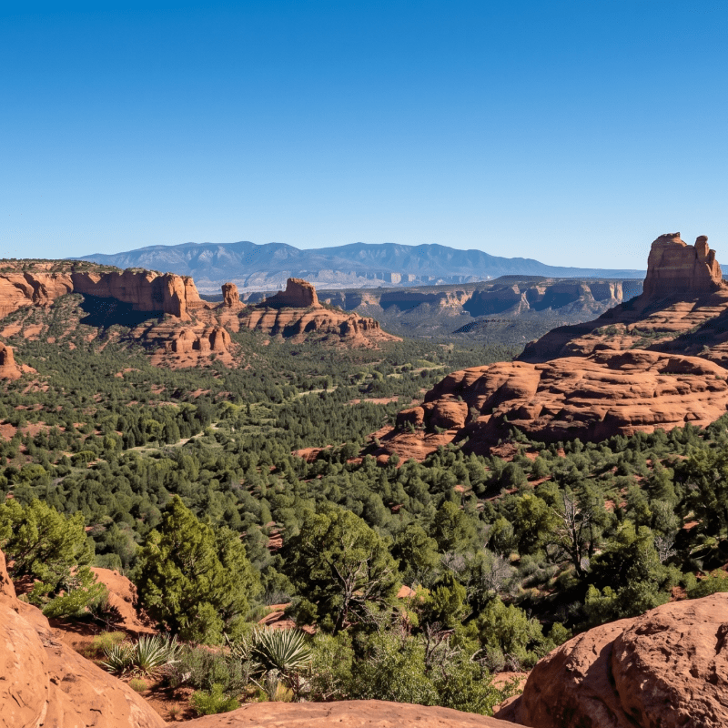 Red rock formations and green vegetation under a clear blue sky.