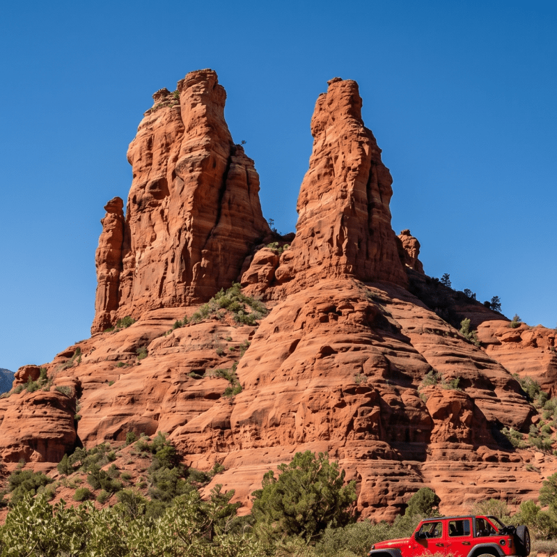 Red rock formations with two SUVs parked nearby under a clear blue sky.