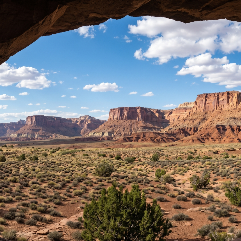 Scenic view of desert landscape with rock formations through a cave opening.