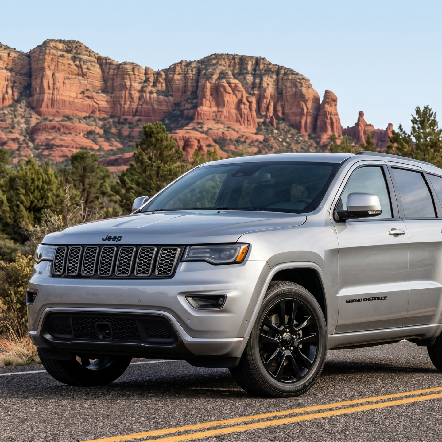 Silver SUV on road with rocky, desert landscape in background.