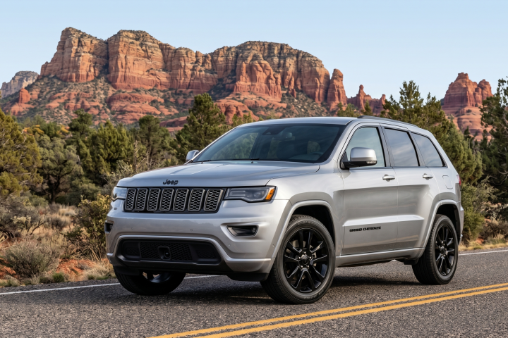 Silver SUV on road with rocky, desert landscape in background.