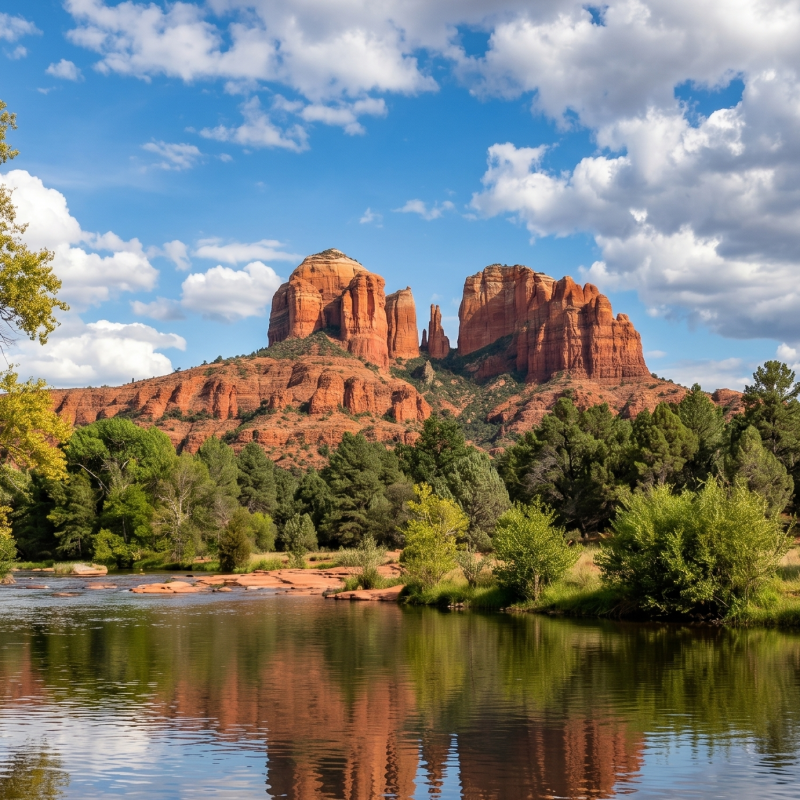 Scenic view of a river, trees, and red rock formations under a cloudy sky.