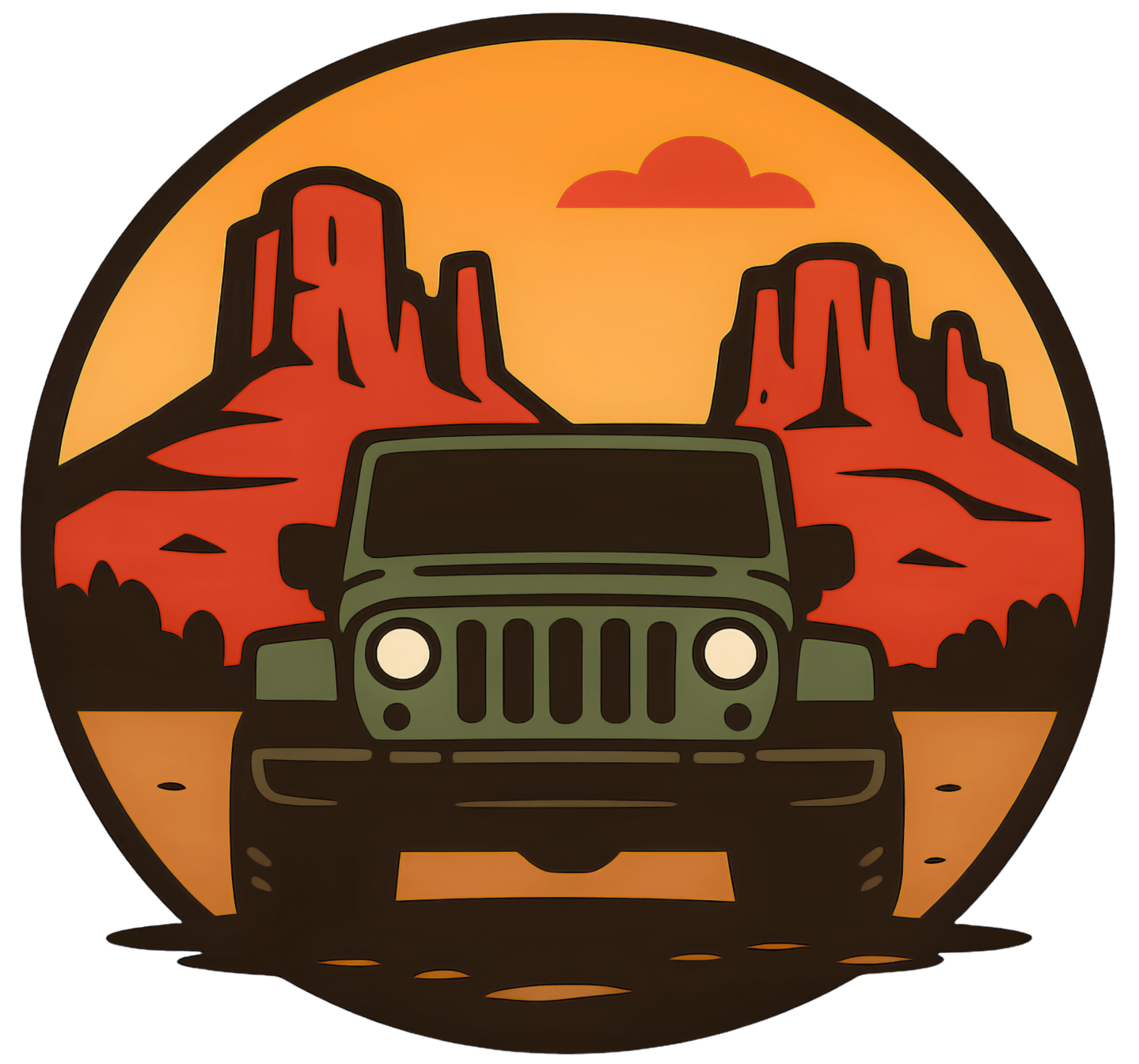 Cartoon jeep on desert road with red rock formations at sunset.